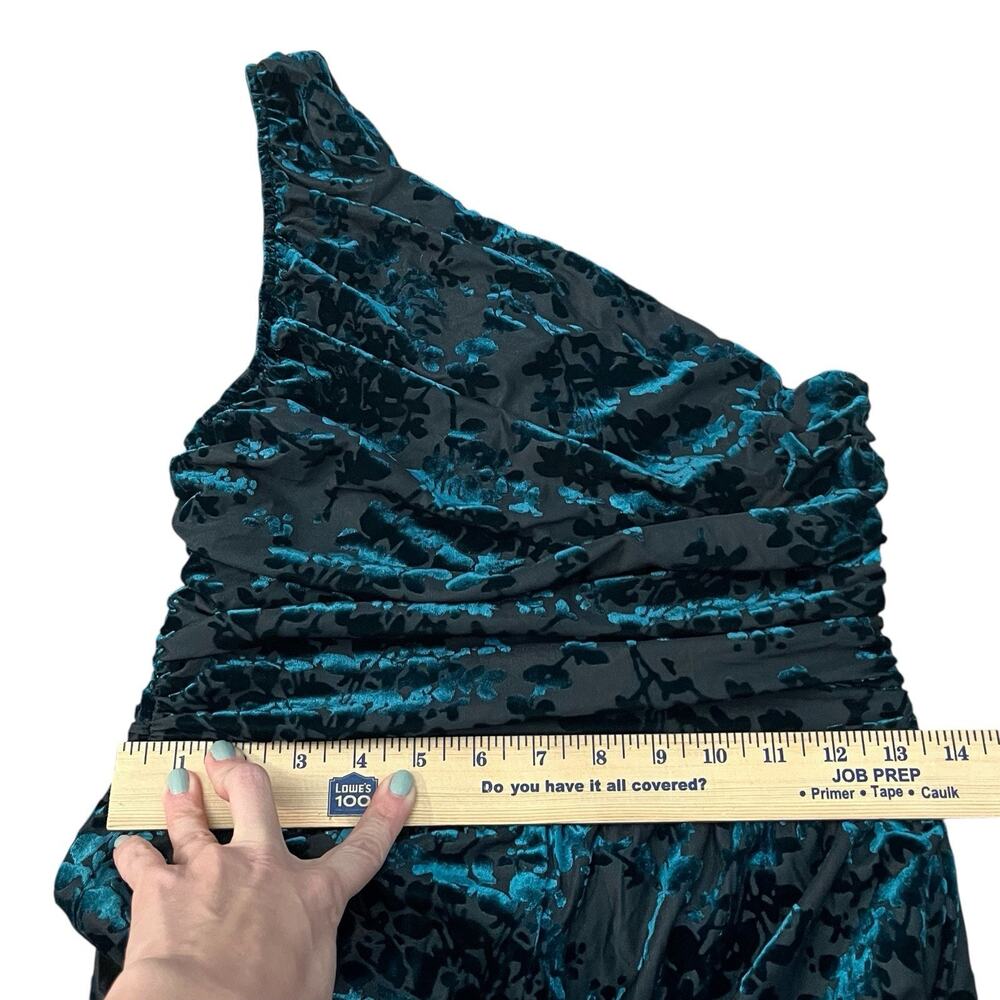 Lulus Elegant Forever Velvet Burnout Jumpsuit Small Wide Leg One Shoulder Teal - Picture 7 of 11